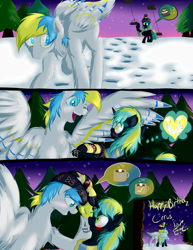 Size: 1275x1650 | Tagged: safe, artist:frist44, oc, oc only, oc:cirrus sky, oc:electro current, species:hippogriff, beanie, cirrent, clothing, comic, digital multimeter, happy birthday, hat, heart, original species, question mark, scarf, shipping, ski lift, skiing, skis, snow, spread wings, talons, wings