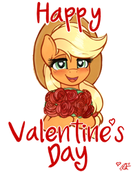 Size: 1912x2475 | Tagged: safe, artist:ratofdrawn, character:applejack, species:earth pony, species:pony, blushing, bust, clothing, female, flower, freckles, hat, heart, heart eyes, lidded eyes, looking at you, mare, open mouth, rose, simple background, smiling, solo, valentine's day, white background, wingding eyes