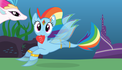 Size: 11200x6400 | Tagged: safe, artist:parclytaxel, character:queen novo, character:rainbow dash, species:seapony (g4), my little pony: the movie (2017), .svg available, absurd resolution, ain't never had friends like us, armband, ask, cave, city, duo, fins, fish, gem, genie, heart, jewelry, kelp, looking at you, mermaidized, mouth hold, ocean, seaponified, seapony rainbow dash, species swap, starfish, tumblr, underwater, valentine, valentine's day, vector