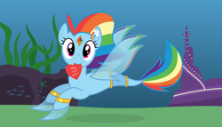 Size: 11200x6400 | Tagged: safe, artist:parclytaxel, character:rainbow dash, .svg available, absurd resolution, ain't never had friends like us, armband, cave, city, female, fins, fish, gem, genie, heart, jewelry, kelp, looking at you, mermaidized, merpony, mouth hold, ocean, solo, starfish, underwater, valentine, valentine's day, vector