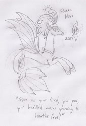 Size: 1021x1505 | Tagged: safe, artist:parclytaxel, character:queen novo, species:seapony (g4), my little pony: the movie (2017), female, lidded eyes, lineart, monochrome, pencil drawing, prone, smiling, solo, spread wings, the new colossus, traditional art, wings