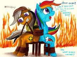 Size: 2500x1884 | Tagged: safe, artist:jamescorck, character:daring do, character:rainbow dash, chair, fire, indiana jones, indiana jones and the last crusade, parody, tied up