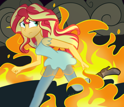 Size: 1024x890 | Tagged: safe, artist:wubcakeva, character:sunset shimmer, my little pony:equestria girls, boots, clothing, female, fire, high heel boots, looking back, pants, running, solo, sweat