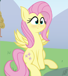 Size: 2120x2340 | Tagged: safe, artist:emberkaese, artist:slb94, character:fluttershy, species:pegasus, species:pony, blushing, cute, female, grass, innocent, mare, shyabetes, sitting, solo, spread wings, wings