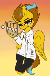 Size: 3011x4614 | Tagged: safe, artist:wickedsilly, oc, oc only, oc:particle haze, species:pegasus, species:pony, absurd resolution, bipedal, clothing, glasses, lab coat, male, newton's cradle, solo, thinking
