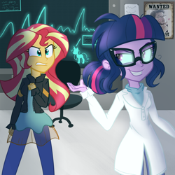 Size: 1024x1024 | Tagged: safe, artist:wubcakeva, character:midnight sparkle, character:sunset shimmer, character:twilight sparkle, character:twilight sparkle (scitwi), species:eqg human, my little pony:equestria girls, angry, clothing, demonic possession, duo, evil twilight, glasses, grin, lab coat, looking back, markiplier, midnight sparkle, pants, possessed, smiling, wanted poster