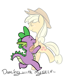 Size: 433x491 | Tagged: safe, artist:mt, character:applejack, character:spike, ship:applespike, alone, cute, dancing, forever alone, hatless, lonely, missing accessory, sad, shipping