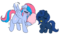 Size: 4510x2694 | Tagged: safe, artist:wickedsilly, oc, oc only, oc:fairy floss, oc:starlight blossom, species:pegasus, species:pony, species:unicorn, absurd resolution, bit, blushing, coin, cotton candy, cute, female, filly, pomf, shaking, simple background, smiling, spread wings, white background, wingboner, wings