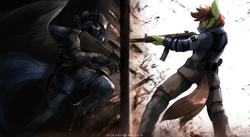 Size: 1500x821 | Tagged: safe, artist:foxinshadow, oc, oc only, oc:analogue, oc:mellatune, species:anthro, species:plantigrade anthro, clothing, commission, cover art, mp5, rainbow six, rainbow six siege, recreation, steyr aug, tom clancy, weapon