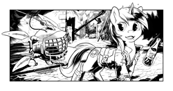 Size: 2550x1350 | Tagged: safe, artist:hobbes-maxwell, oc, oc only, oc:littlepip, oc:watcher, species:pony, species:unicorn, fallout equestria, black and white, clothing, fanfic, fanfic art, female, glowing horn, grayscale, horn, levitation, looking back, magic, mare, monochrome, open mouth, pipbuck, sparkle cola, spritebot, telekinesis, vault suit, wasteland
