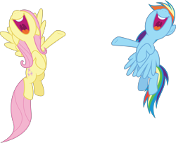 Size: 7836x6400 | Tagged: safe, artist:parclytaxel, character:fluttershy, character:rainbow dash, species:pegasus, species:pony, episode:flutter brutter, g4, my little pony: friendship is magic, .svg available, absurd resolution, can i do it on my own, duo, female, floppy ears, flying, mare, nose in the air, open mouth, simple background, singing, smiling, spread wings, transparent background, vector, wings