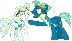Size: 11147x6400 | Tagged: safe, artist:parclytaxel, character:sky stinger, character:vapor trail, species:pegasus, species:pony, episode:top bolt, g4, my little pony: friendship is magic, .svg available, absurd resolution, angry, clothing, duo, female, frown, goggles, male, mare, open mouth, pointing, raised hoof, raised leg, scared, simple background, stallion, transparent background, uniform, vector, wonderbolt trainee uniform