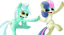 Size: 4903x2687 | Tagged: safe, artist:extradan, character:bon bon, character:lyra heartstrings, character:sweetie drops, species:pony, bipedal, dancing, music notes, simple background, smiling, transparent background