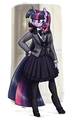 Size: 934x1600 | Tagged: safe, artist:king-kakapo, character:twilight sparkle, species:anthro, species:unguligrade anthro, arm hooves, clothing, cloven hooves, dress, female, gothic lolita, hand on hip, high heels, jacket, lace, lolita fashion, mary janes, pantyhose, pleated skirt, shoes, skirt, solo, standing, stockings, thigh highs, waistcoat