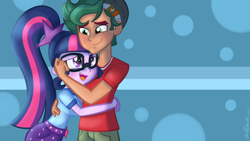Size: 1024x576 | Tagged: dead source, safe, artist:wubcakeva, character:timber spruce, character:twilight sparkle, character:twilight sparkle (scitwi), species:eqg human, ship:timbertwi, equestria girls:legend of everfree, g4, my little pony: equestria girls, my little pony:equestria girls, adorkable, camp everfree outfits, clothing, cute, dawwww, dork, female, glasses, hug, male, open mouth, ponytail, shipping, shorts, smiling, straight, timberbetes, twiabetes