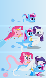Size: 4096x6976 | Tagged: safe, artist:parclytaxel, character:pinkie pie, character:rarity, oc, oc:parcly taxel, species:alicorn, species:earth pony, species:pony, species:unicorn, ship:raripie, .svg available, absurd resolution, ain't never had friends like us, albumin flask, alicorn oc, armband, ask, ask generous genie rarity, bedroom eyes, blushing, bottle, canon x oc, comic, confetti, dancing, eyes closed, female, floating, frown, gem, genie, genie pony, gradient background, headband, horn ring, jewelry, lesbian, lidded eyes, makeup, mare, open mouth, parity, party cannon, raised hoof, screaming, shipping, shocked, smiling, startled, surprised, tangled up, tired, tongue out, trio, tumblr, vector, veil
