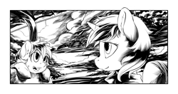 Size: 2550x1350 | Tagged: safe, artist:hobbes-maxwell, oc, oc only, oc:littlepip, species:earth pony, species:pony, species:unicorn, fallout equestria, black and white, clothing, fallout equestria illustrated, fanfic, fanfic art, female, grayscale, horn, mare, monochrome, pipbuck, vault suit