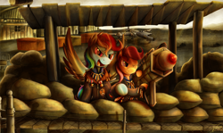 Size: 1500x891 | Tagged: safe, artist:jamescorck, character:rainbow dash, character:scootaloo, species:pegasus, species:pony, fallout equestria, b-29 superfortress, bomber, boomers, bunker, commission, duo, fallout, fallout: new vegas, military, missile launcher, one eye closed, open mouth, plane, smiling, warehouse, weapon