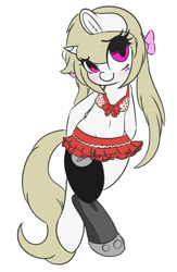 Size: 2879x4407 | Tagged: safe, artist:wickedsilly, oc, oc only, oc:cherry blossom, species:pony, species:unicorn, absurd resolution, belly button, bikini, bipedal, blushing, bow, clothing, congenital amputee, cute, ear fluff, female, hair bow, looking at you, mare, midriff, polka dots, prosthetic limb, prosthetics, simple background, solo, swimsuit, white background