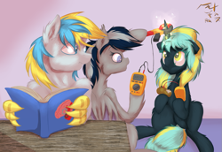 Size: 1249x861 | Tagged: safe, artist:frist44, oc, oc only, oc:cirrus sky, oc:daturea eventide, oc:electro current, species:bat pony, species:hippogriff, species:pony, species:unicorn, cirrent, clamp meter, cute, digital multimeter, electricity, experiment, fluffy, food, for science, hoof hold, measuring, musical instrument, potato, reading, superconductor