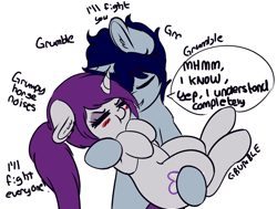 Size: 1280x967 | Tagged: safe, artist:wickedsilly, oc, oc only, oc:sleepy head, oc:wicked silly, ponysona, species:pony, species:unicorn, :t, blush sticker, blushing, carrying, comforting, couple, cute, descriptive noise, dialogue, ear fluff, eyes closed, female, grumpy, horse noises, male, mare, oc x oc, ocbetes, shipping, simple background, stallion, straight, white background, wickedsleepy