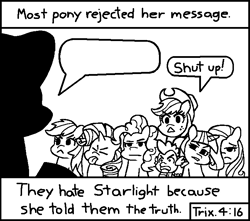 Size: 714x630 | Tagged: safe, artist:threetwotwo32232, character:applejack, character:fluttershy, character:pinkie pie, character:rainbow dash, character:rarity, character:spike, character:starlight glimmer, character:twilight sparkle, species:dragon, chick tract, exploitable, exploitable meme, jack chick, mane seven, mane six, meme, most people rejected his message, template