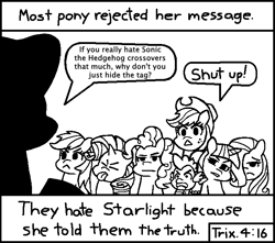 Size: 714x630 | Tagged: safe, artist:threetwotwo32232, character:applejack, character:fluttershy, character:pinkie pie, character:rainbow dash, character:rarity, character:sonic the hedgehog, character:spike, character:starlight glimmer, character:twilight sparkle, chick tract, crossover, drama, exploitable meme, jack chick, jesus christ, mane seven, mane six, meme, meta, most people rejected his message, religion, sonic drama, sonic the hedgehog (series), starlight drama, the truth