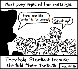 Size: 714x630 | Tagged: safe, artist:threetwotwo32232, character:applejack, character:fluttershy, character:pinkie pie, character:rainbow dash, character:rarity, character:spike, character:starlight glimmer, character:twilight sparkle, chick tract, exploitable, exploitable meme, grammar nazi, jack chick, mane six, meme, meta, most people rejected his message, template