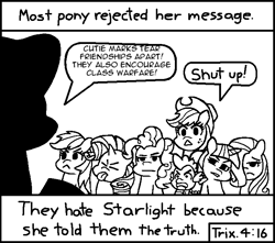 Size: 714x630 | Tagged: safe, artist:threetwotwo32232, character:applejack, character:fluttershy, character:pinkie pie, character:rainbow dash, character:rarity, character:starlight glimmer, character:twilight sparkle, chick tract, exploitable meme, mane six, meme, most people rejected his message, the truth