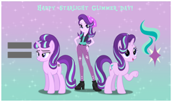 Size: 2544x1520 | Tagged: safe, artist:andoanimalia, artist:dashiesparkle, artist:sunsetshimmer333, character:starlight glimmer, species:pony, species:unicorn, equestria girls:mirror magic, g4, my little pony: equestria girls, my little pony:equestria girls, spoiler:eqg specials, abstract background, boots, clothing, equal cutie mark, evil, female, good, hand on hip, high heel boots, looking at you, mare, open mouth, pants, raised hoof, solo, starlight glimmer day, triple the glimmer, underhoof