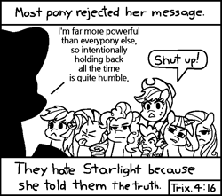 Size: 714x630 | Tagged: safe, artist:threetwotwo32232, edit, character:applejack, character:fluttershy, character:pinkie pie, character:rainbow dash, character:rarity, character:spike, character:starlight glimmer, character:twilight sparkle, species:pony, chick tract, exploitable meme, jack chick, mane six, meme, most people rejected his message, text, world of cardboard