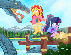 Size: 1000x773 | Tagged: safe, artist:pixelkitties, character:sunset shimmer, character:twilight sparkle, character:twilight sparkle (scitwi), species:eqg human, species:sea serpent, my little pony:equestria girls, alan grant, camp everfree, clothing, cryptid, cryptozoology, dinosaur egg, egg, ellie sattler, glasses, jurassic park, lake, loch ness monster, monster, nessie, nest, ponytail, sea monster, shorts, smiling, water