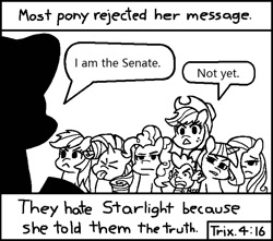 Size: 714x630 | Tagged: safe, artist:threetwotwo32232, edit, character:applejack, character:fluttershy, character:pinkie pie, character:rainbow dash, character:rarity, character:spike, character:starlight glimmer, character:twilight sparkle, chick tract, crossover, emperor palpatine, exploitable meme, i am the senate, mane six, meme, most people rejected his message, revenge of the sith, sheevposting, star wars