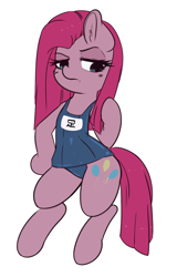 Size: 1227x1920 | Tagged: safe, artist:wickedsilly, character:pinkamena diane pie, character:pinkie pie, species:pony, bipedal, clothing, female, lidded eyes, mare, one-piece swimsuit, simple background, solo, sukumizu, swimsuit, unamused
