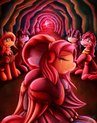 Size: 1935x2449 | Tagged: safe, artist:jamescorck, character:applejack, character:clover the clever, character:fluttershy, character:pinkie pie, character:rainbow dash, character:rarity, character:twilight sparkle, species:pony, comic:i will never leave you, cavern, chancellor puddinghead, clothing, comic, commander hurricane, crying, eyes closed, grimdark series, group, hug, mane six, princess platinum, private pansy, sad, sitting, smart cookie, smiling