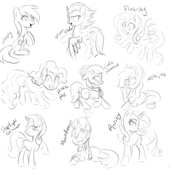 Size: 1024x1024 | Tagged: safe, artist:wubcakeva, character:applejack, character:coco pommel, character:derpy hooves, character:fluttershy, character:moondancer, character:night glider, character:pinkie pie, character:rarity, character:starlight glimmer, species:pony, flying, monochrome, prone, raised hoof, sketch, sketch dump