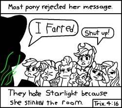 Size: 714x630 | Tagged: safe, artist:threetwotwo32232, edit, character:applejack, character:fluttershy, character:pinkie pie, character:rainbow dash, character:rarity, character:spike, character:starlight glimmer, character:twilight sparkle, species:dragon, chick tract, exploitable, exploitable meme, fart, fart edit, fart joke, jack chick, mane six, meme, most people rejected his message