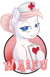 Size: 413x638 | Tagged: safe, artist:hobbes-maxwell, character:nurse redheart, species:earth pony, species:pony, celestia redux, clipboard, female, heart eyes, lidded eyes, looking at you, mare, smiling, solo, waifu, waifu badge, wingding eyes