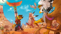 Size: 1600x905 | Tagged: safe, artist:foxinshadow, oc, oc only, oc:charlene, species:griffon, belt, clothing, commission, cowboy hat, flying, food chain, griffon oc, griffons doing griffon things, hat, native american, pants, predator, prey, spear, stake, tape, tomahawk, totem, totem pole, weapon, western