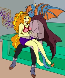 Size: 1000x1200 | Tagged: safe, artist:linedraweer, character:adagio dazzle, oc, oc:von, species:anthro, species:dragon, species:unguligrade anthro, anthro oc, bra, breasts, canon x oc, cape, cleavage, clothing, couch, female, horn, lap, male, music notes, red underwear, shipping, singing, sitting, sitting on person, straight, underwear