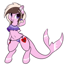 Size: 1280x1282 | Tagged: safe, artist:wickedsilly, oc, oc only, oc:ashee, species:pony, belly button, bikini, bipedal, clothing, cute, fangs, female, frilled swimsuit, long tail, mare, midriff, ocbetes, original species, shark pony, simple background, smiling, solo, swimsuit
