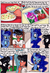 Size: 1377x1996 | Tagged: safe, artist:newyorkx3, character:princess luna, oc, oc:tommy, oc:tommy junior, self insert, species:human, comic:young days, comic, dialogue, traditional art