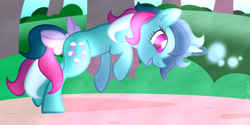 Size: 1024x512 | Tagged: safe, artist:wubcakeva, character:fizzy, species:pony, species:unicorn, g1, bow, bubble, cute, female, fizzybetes, glowing horn, magic, mare, open mouth, raised hoof, smiling, solo, tail bow, tree