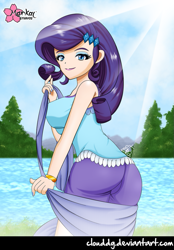 Size: 697x1000 | Tagged: safe, artist:clouddg, character:rarity, equestria girls:legend of everfree, g4, my little pony: equestria girls, my little pony:equestria girls, ass, bracelet, camp everfree outfits, clothing, female, human coloration, lake, looking at you, nail polish, rear view, signature, smiling, solo, tree