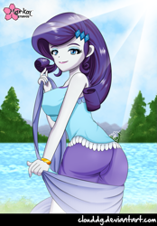 Size: 697x1000 | Tagged: safe, artist:clouddg, character:rarity, equestria girls:legend of everfree, g4, my little pony: equestria girls, my little pony:equestria girls, ass, bracelet, camp everfree outfits, crepuscular rays, cute, female, lake, looking at you, nail polish, raribetes, rear view, rearity, signature, smiling, solo, tree