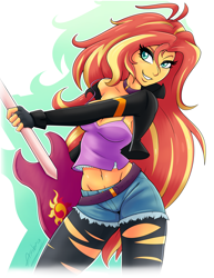 Size: 5100x6600 | Tagged: safe, artist:ambris, character:sunset shimmer, my little pony:equestria girls, absurd resolution, beautiful, beautisexy, belly button, belt, blushing, breasts, busty sunset shimmer, clothing, colored pupils, denim shorts, electric guitar, female, fingerless gloves, gloves, grin, guitar, jacket, leather jacket, long hair, looking at you, metal girl, midriff, musical instrument, ripped pantyhose, sexy, shorts, smiling, solo, sunset shredder, tank top, torn clothes