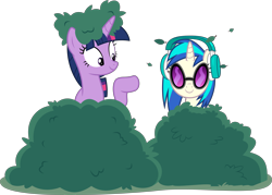 Size: 8959x6400 | Tagged: safe, artist:parclytaxel, character:dj pon-3, character:twilight sparkle, character:twilight sparkle (alicorn), character:vinyl scratch, species:alicorn, species:pony, species:unicorn, episode:no second prances, g4, my little pony: friendship is magic, .svg available, absurd resolution, bush, bushanka, bushicorn, duo, female, headphones, hide and seek, leaves, mare, pointing, simple background, smiling, transparent background, twilight bushel, vector