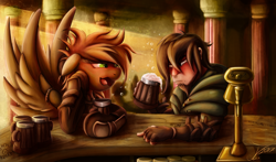 Size: 1250x736 | Tagged: safe, artist:jamescorck, oc, oc only, oc:bracer, oc:mcfinnigan the mage, species:human, species:pegasus, species:pony, emw:mmmm, alcohol, bar, clothing, commission, drink, drunk, duo, female, fingerless gloves, floppy ears, gloves, mare, mug, open mouth, signature, smiling