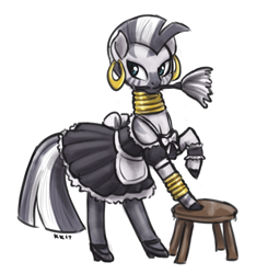 Size: 800x855 | Tagged: safe, artist:king-kakapo, character:zecora, species:pony, species:zebra, /mlp/, bipedal, bipedal leaning, clothing, cute, female, leaning, lidded eyes, maid, mare, mouth hold, raised hoof, simple background, smiling, solo, stool, white background