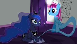 Size: 11200x6400 | Tagged: safe, artist:parclytaxel, character:princess luna, oc, oc:parcly taxel, species:alicorn, species:pony, .svg available, absurd resolution, ain't never had friends like us, albumin flask, alicorn oc, bedroom, blinds, bottle, cremona-richmond configuration, floating, genie, genie pony, glowing horn, horn ring, looking down, looking up, magic, math, prone, rubbing, smiling, vector, wallpaper, whiteboard, window, wish